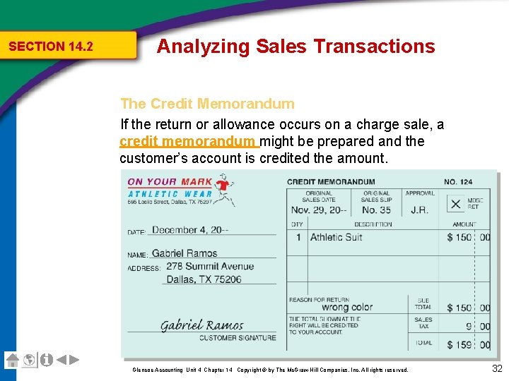 SECTION 14. 2 Analyzing Sales Transactions The Credit Memorandum If the return or allowance