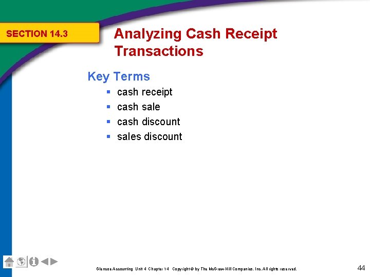 Analyzing Cash Receipt Transactions SECTION 14. 3 Key Terms § § cash receipt cash