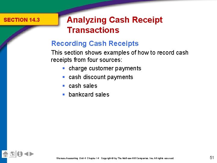 SECTION 14. 3 Analyzing Cash Receipt Transactions Recording Cash Receipts This section shows examples
