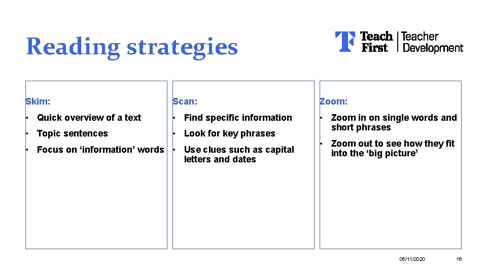 Reading strategies Skim: Scan: Zoom: • Quick overview of a text • Find specific