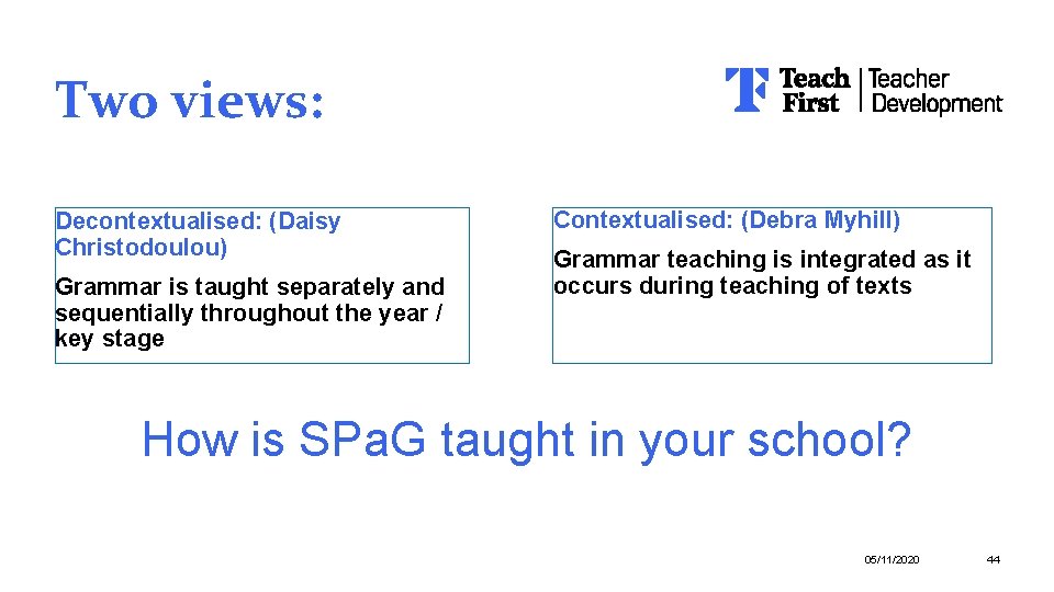 Two views: Decontextualised: (Daisy Christodoulou) Grammar is taught separately and sequentially throughout the year Two views: Decontextualised: (Daisy Christodoulou) Grammar is taught separately and sequentially throughout the year