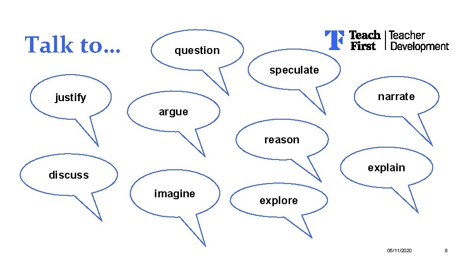 Talk to… question speculate narrate justify argue reason explain discuss imagine explore 05/11/2020 8 Talk to… question speculate narrate justify argue reason explain discuss imagine explore 05/11/2020 8