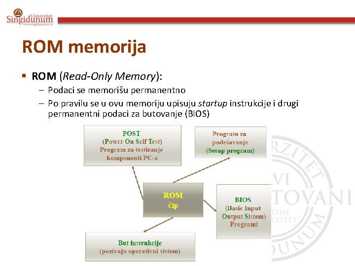 ROM memorija § ROM (Read-Only Memory): – Podaci se memorišu permanentno – Po pravilu