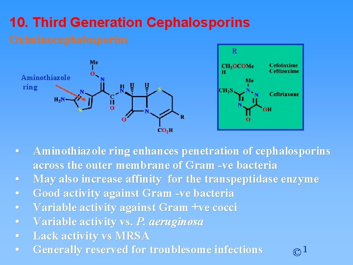 10. Third Generation Cephalosporins Oximinocephalosporins R Aminothiazole ring • • Aminothiazole ring enhances penetration