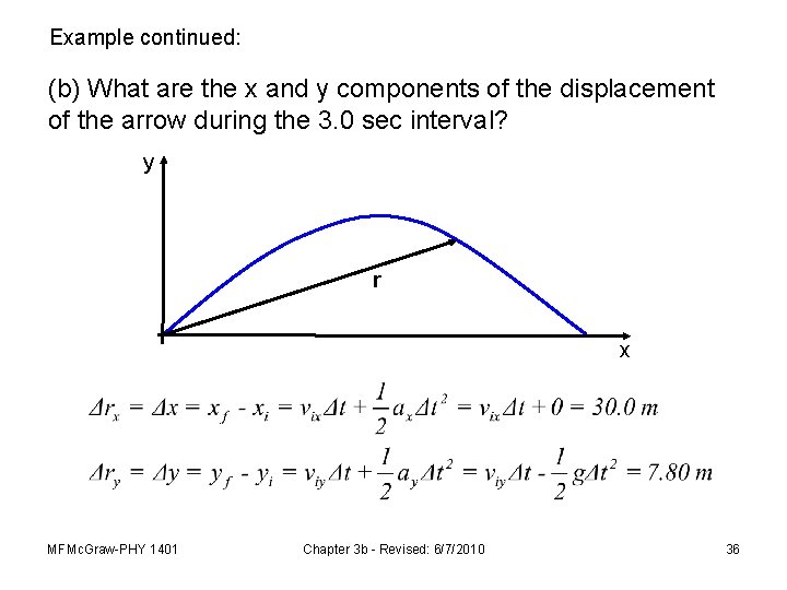 Example continued: (b) What are the x and y components of the displacement of