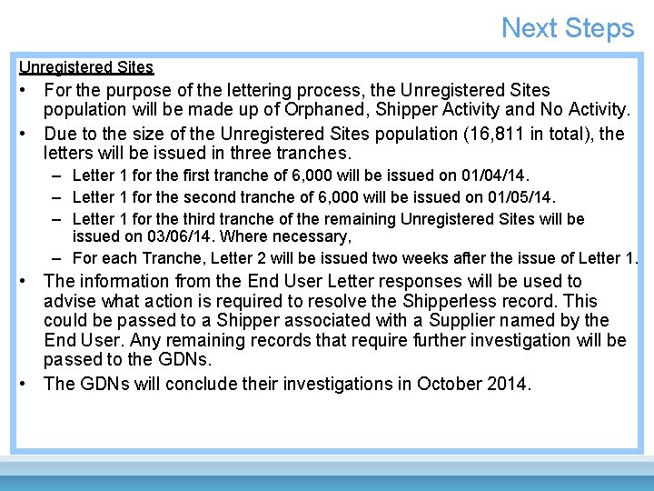 Next Steps Unregistered Sites • For the purpose of the lettering process, the Unregistered