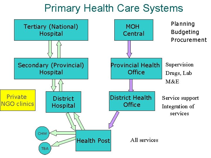 Primary Health Care Systems Tertiary (National) Hospital MOH Central Provincial Health Supervision Office Drugs, Primary Health Care Systems Tertiary (National) Hospital MOH Central Provincial Health Supervision Office Drugs,