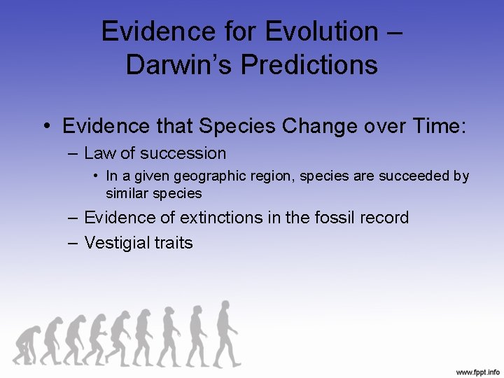 Evidence for Evolution – Darwin’s Predictions • Evidence that Species Change over Time: –