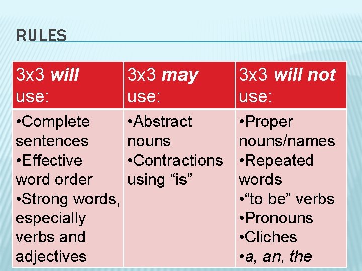 RULES 3 x 3 will use: 3 x 3 may use: 3 x 3