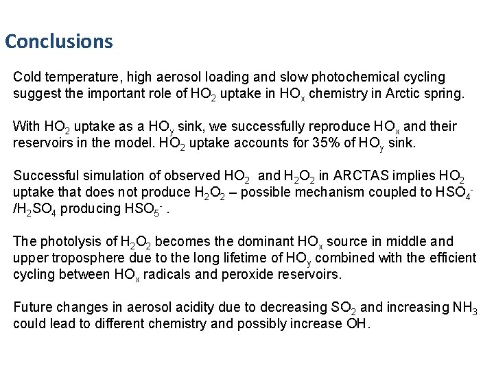 Conclusions Cold temperature, high aerosol loading and slow photochemical cycling suggest the important role