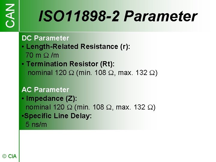 CAN ISO 11898 -2 Parameter DC Parameter • Length-Related Resistance (r): 70 m /m