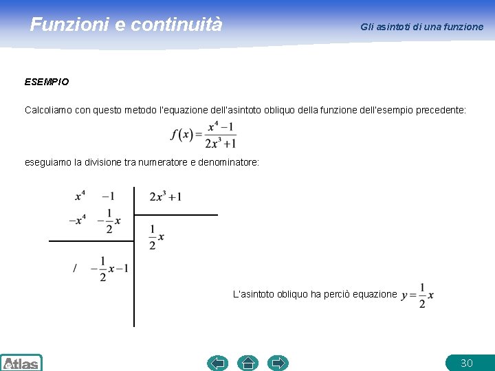 Funzioni e continuità Gli asintoti di una funzione ESEMPIO Calcoliamo con questo metodo l’equazione