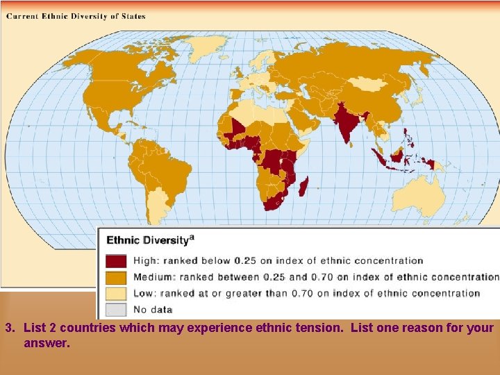 3. List 2 countries which may experience ethnic tension. List one reason for your