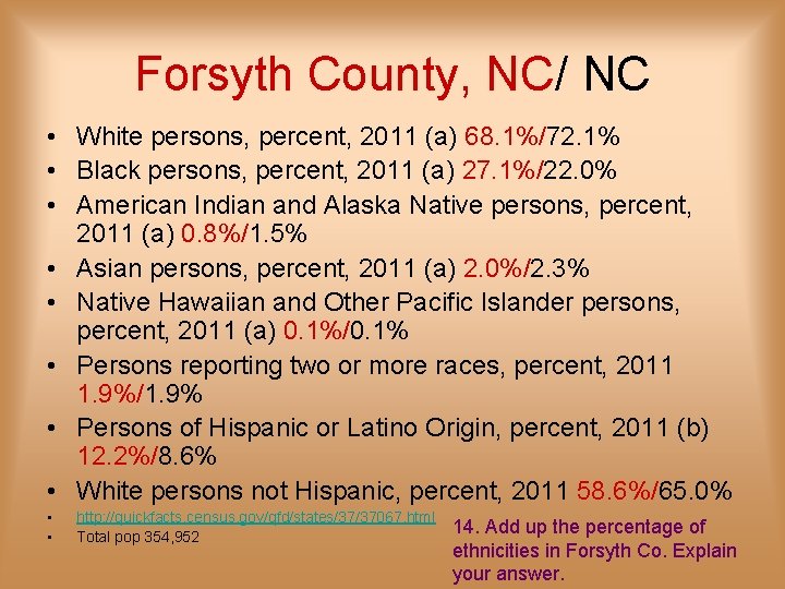 Forsyth County, NC/ NC • White persons, percent, 2011 (a) 68. 1%/72. 1% •