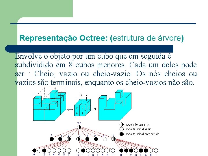 Representação Octree: (estrutura de árvore) Envolve o objeto por um cubo que em seguida