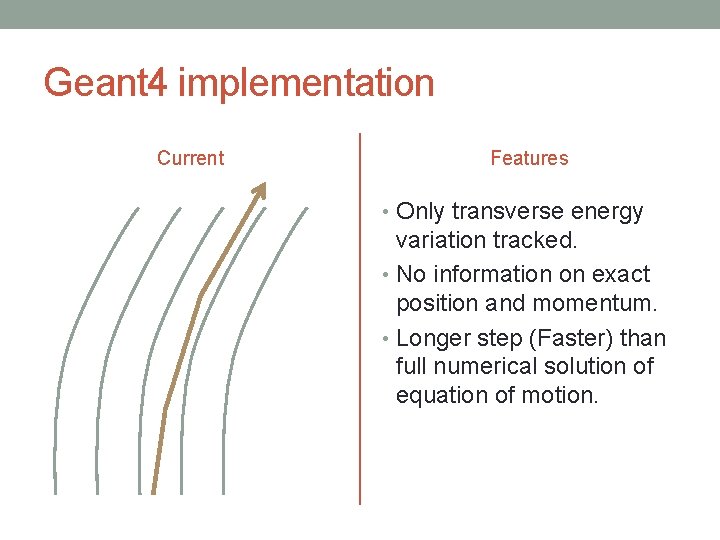 Geant 4 implementation Current Features • Only transverse energy variation tracked. • No information