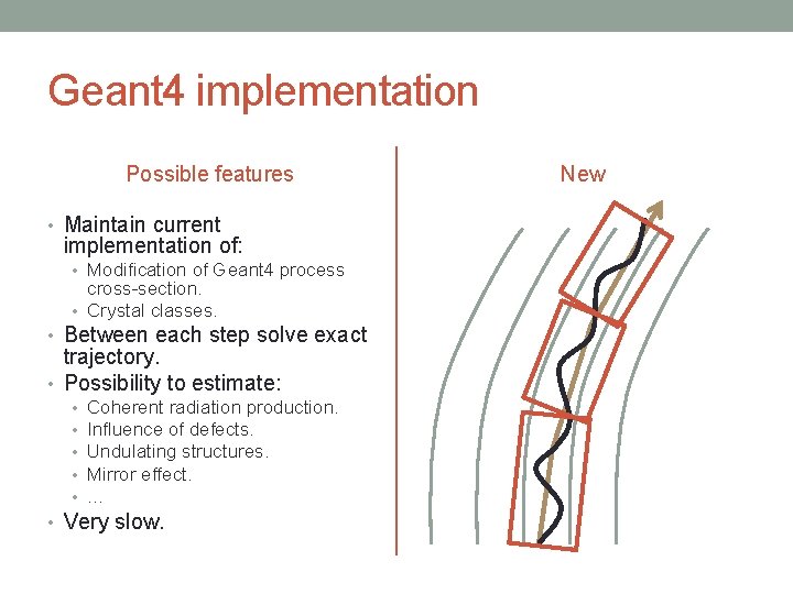 Geant 4 implementation Possible features • Maintain current implementation of: • Modification of Geant