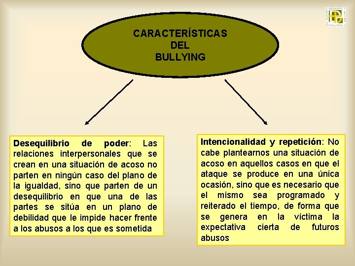 CARACTERÍSTICAS DEL BULLYING Desequilibrio de poder: Las relaciones interpersonales que se crean en una