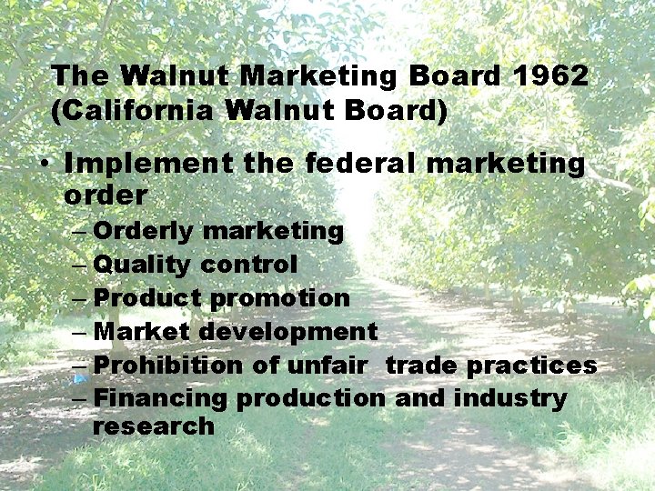 The Walnut Marketing Board 1962 (California Walnut Board) • Implement the federal marketing order