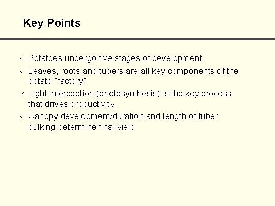 Key Points ü ü Potatoes undergo five stages of development Leaves, roots and tubers