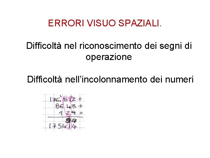 ERRORI VISUO SPAZIALI. Difficoltà nel riconoscimento dei segni di operazione Difficoltà nell’incolonnamento dei numeri