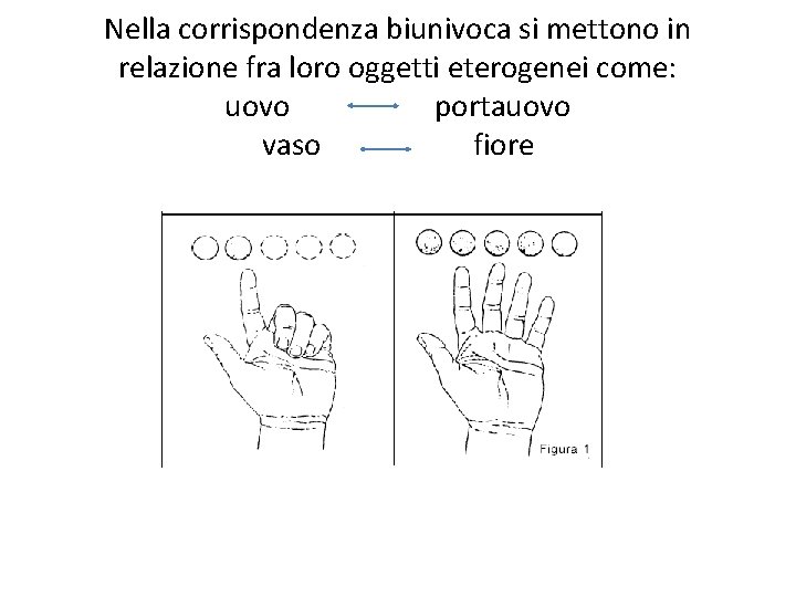 Nella corrispondenza biunivoca si mettono in relazione fra loro oggetti eterogenei come: uovo portauovo