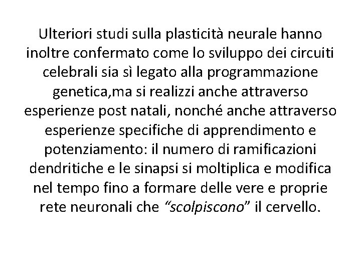 Ulteriori studi sulla plasticità neurale hanno inoltre confermato come lo sviluppo dei circuiti celebrali