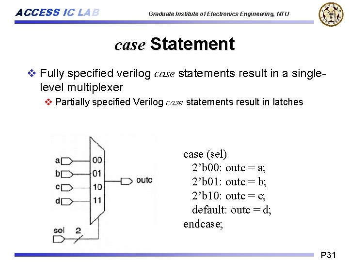 ACCESS IC LAB Graduate Institute of Electronics Engineering, NTU case Statement v Fully specified