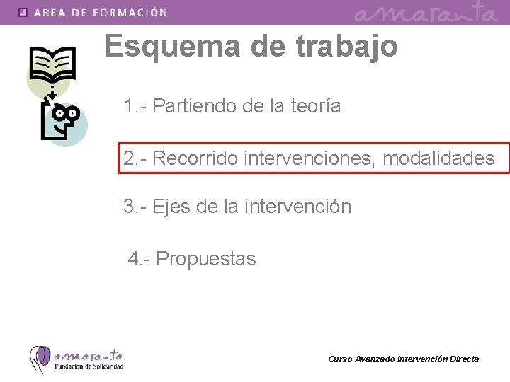 Esquema de trabajo 1. - Partiendo de la teoría 2. - Recorrido intervenciones, modalidades