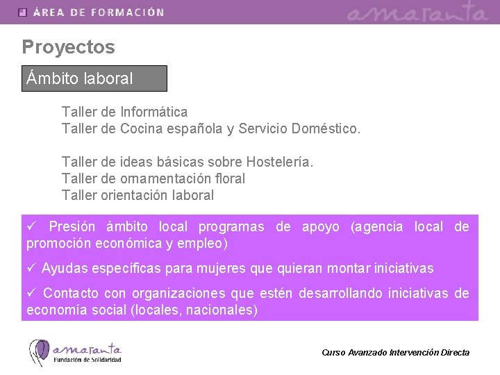 Proyectos Ámbito laboral Taller de Informática Taller de Cocina española y Servicio Doméstico. Taller