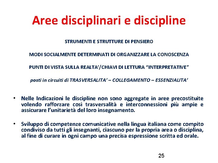 Aree disciplinari e discipline STRUMENTI E STRUTTURE DI PENSIERO MODI SOCIALMENTE DETERMINATI DI ORGANIZZARE