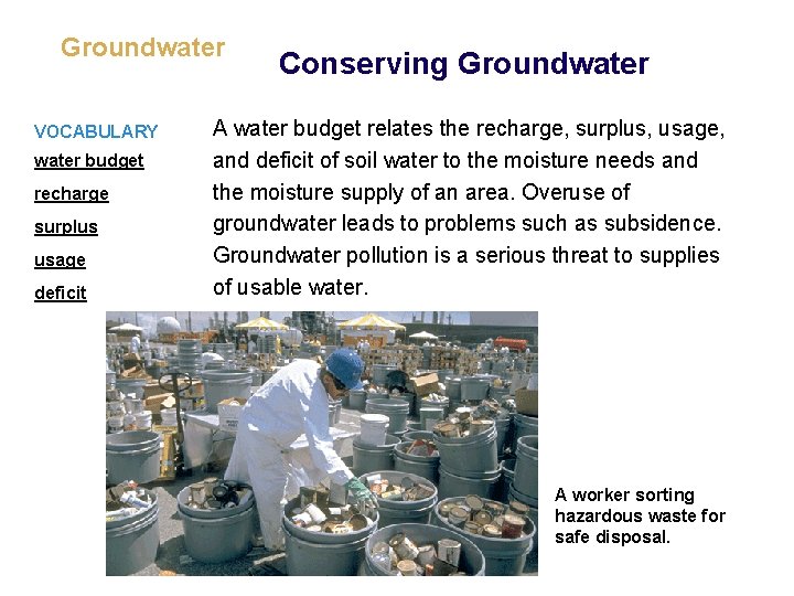 Groundwater VOCABULARY water budget recharge surplus usage deficit Conserving Groundwater A water budget relates