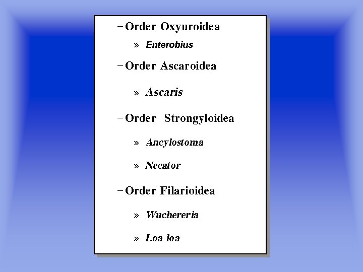 – Order Oxyuroidea » Enterobius – Order Ascaroidea » Ascaris – Order Strongyloidea »
