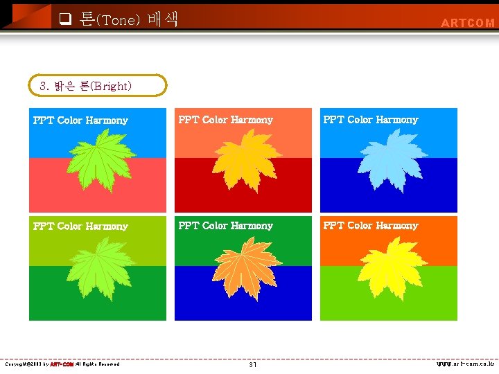 q 톤(Tone) 배색 ARTCOM 3. 밝은 톤(Bright) PPT Color Harmony PPT Color Harmony Copyright©