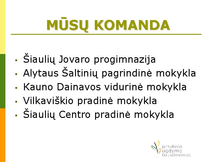 MŪSŲ KOMANDA • • • Šiaulių Jovaro progimnazija Alytaus Šaltinių pagrindinė mokykla Kauno Dainavos