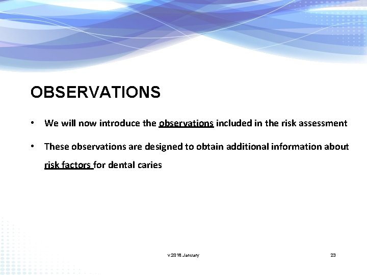 OBSERVATIONS • We will now introduce the observations included in the risk assessment •