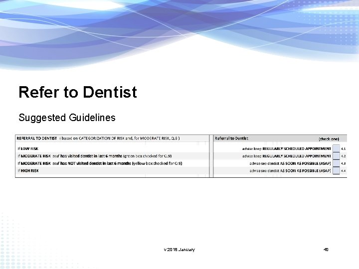 Refer to Dentist Suggested Guidelines v. 2018. January 40 