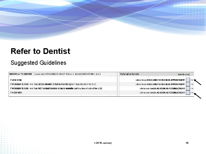 Refer to Dentist Suggested Guidelines v. 2018. January 42 
