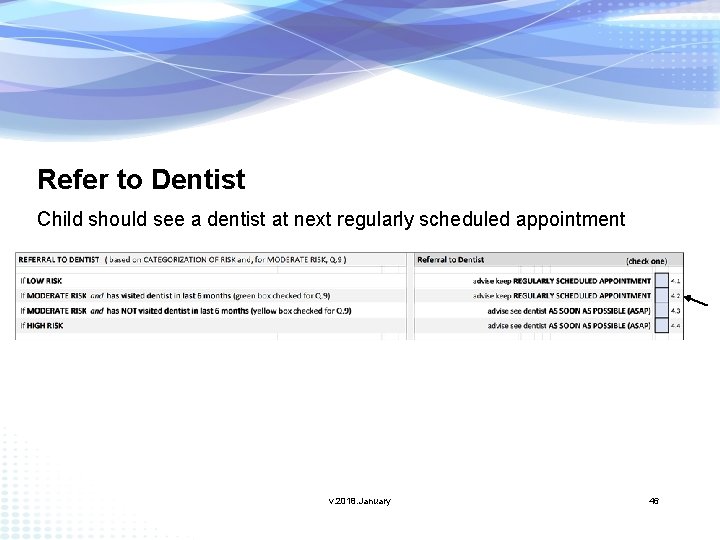Refer to Dentist Child should see a dentist at next regularly scheduled appointment v.
