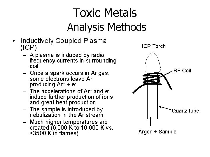 Toxic Metals Analysis Methods • Inductively Coupled Plasma (ICP) – A plasma is induced