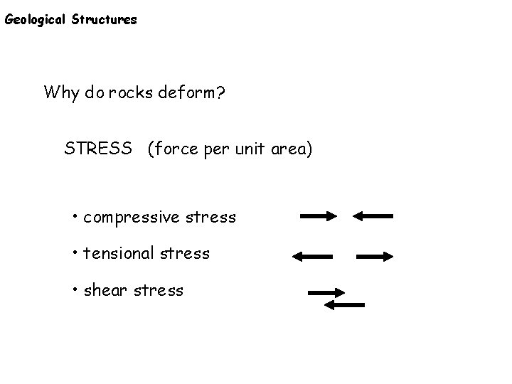 Geological Structures Why do rocks deform? STRESS (force per unit area) • compressive stress