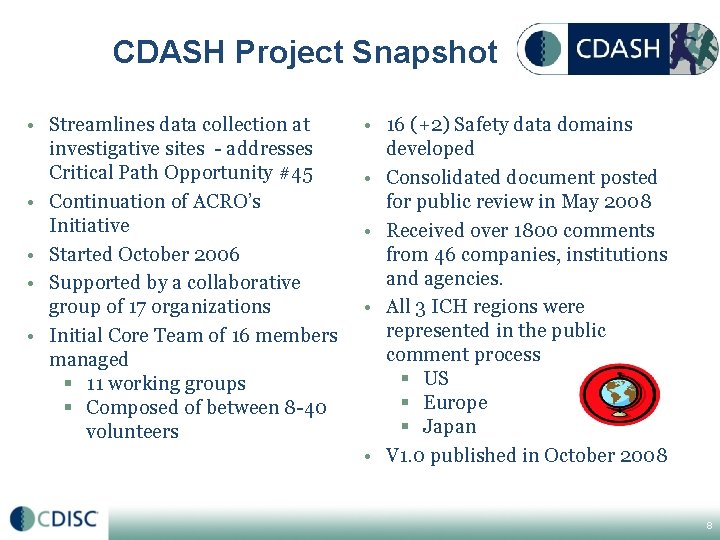 CDASH Project Snapshot • Streamlines data collection at investigative sites - addresses Critical Path CDASH Project Snapshot • Streamlines data collection at investigative sites - addresses Critical Path