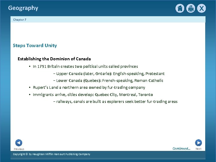 Geography Chapter 7 1 Steps Toward Unity Establishing the Dominion of Canada • In