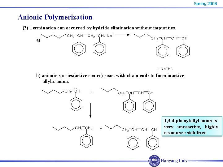 Spring 2008 Anionic Polymerization (3) Termination can occurred by hydride elimination without impurities. a) Spring 2008 Anionic Polymerization (3) Termination can occurred by hydride elimination without impurities. a)