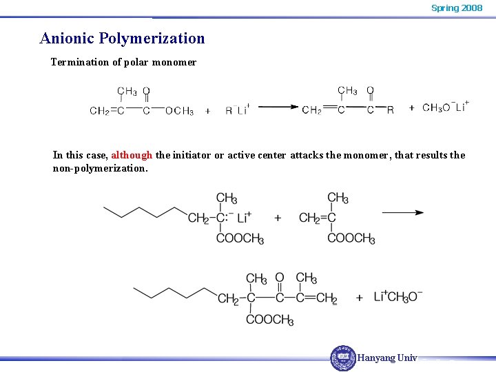 Spring 2008 Anionic Polymerization Termination of polar monomer In this case, although the initiator Spring 2008 Anionic Polymerization Termination of polar monomer In this case, although the initiator