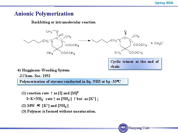 Spring 2008 Anionic Polymerization Backbiting or intramolecular reaction Cyclic trimer at the end of Spring 2008 Anionic Polymerization Backbiting or intramolecular reaction Cyclic trimer at the end of