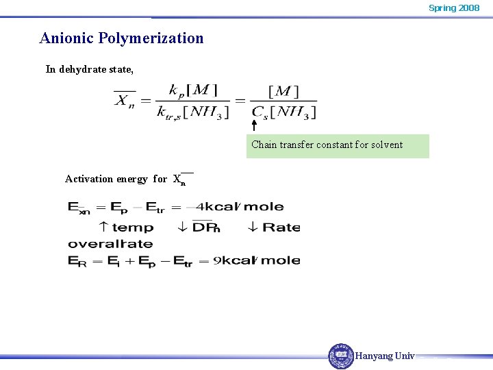 Spring 2008 Anionic Polymerization In dehydrate state, Chain transfer constant for solvent Activation energy Spring 2008 Anionic Polymerization In dehydrate state, Chain transfer constant for solvent Activation energy