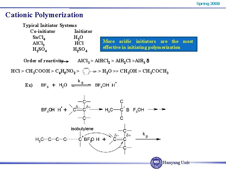 Spring 2008 Cationic Polymerization Typical Initiator Systems Co-initiator Initiator Sn. Cl 4 H 2 Spring 2008 Cationic Polymerization Typical Initiator Systems Co-initiator Initiator Sn. Cl 4 H 2