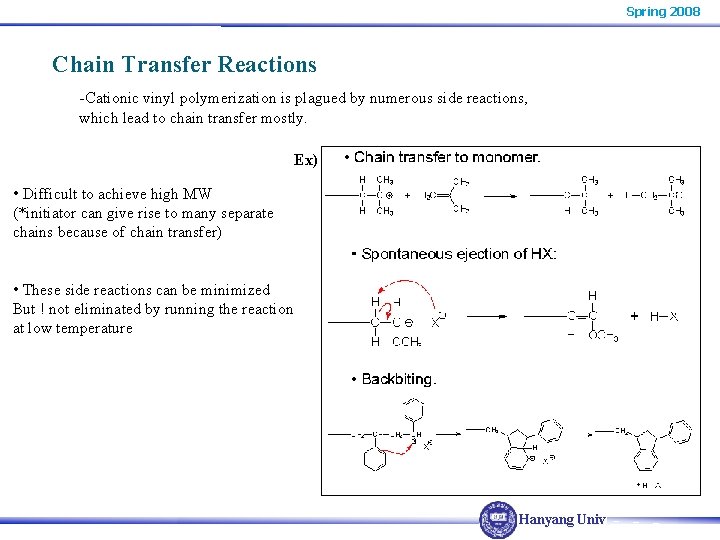 Spring 2008 Chain Transfer Reactions -Cationic vinyl polymerization is plagued by numerous side reactions, Spring 2008 Chain Transfer Reactions -Cationic vinyl polymerization is plagued by numerous side reactions,
