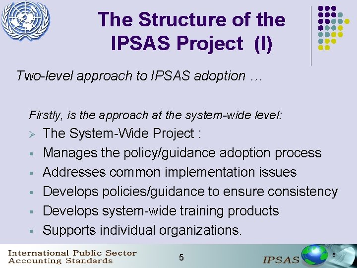 The Structure of the IPSAS Project (I) Two-level approach to IPSAS adoption … Firstly,